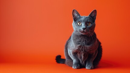 A Gray Cat Sitting on an Orange Background