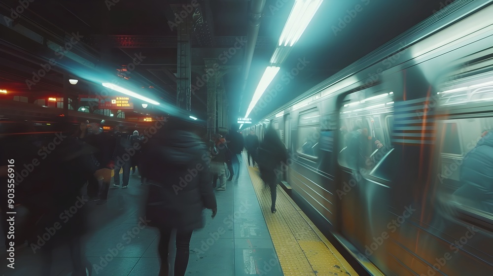 Aufkleber commuters rushing through busy subway platform in modern urban metropolis