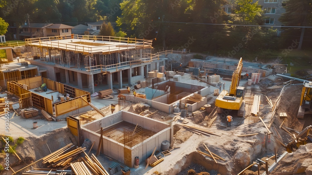 Poster Comprehensive Construction Site Progress Foundation to Completion Transformation