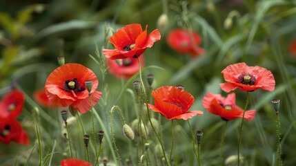 Obraz premium Bright red poppies among green grass in the summer