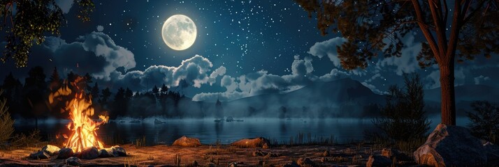 Campfire Under a Full Moon in a Night Forest