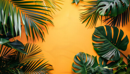 Tropical green leaves against a vivid orange background create a bold and vibrant look.