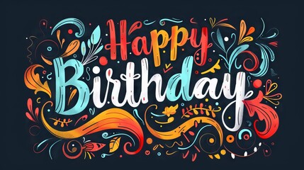 Colorful "Happy Birthday" typography design on a dark background with vibrant lettering and festive elements, perfect for celebration-themed visuals and party invitations.