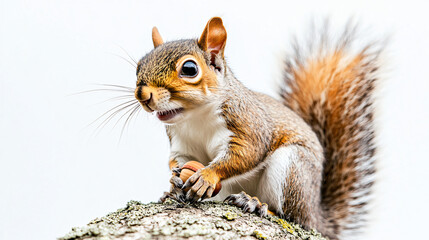Obraz premium Curious Squirrel Climbing Tree with Acorn in Paws Against White Background