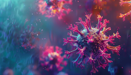 Highly detailed 3D rendering of a virus particle with vibrant colors, focusing on its complex structure, set against a colorful, mysterious background.
