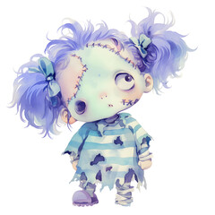 Fototapeta premium Spooky Sweetheart: A whimsical zombie girl with mismatched patches and lavender hair, capturing the spirit of Halloween with a touch of innocence.