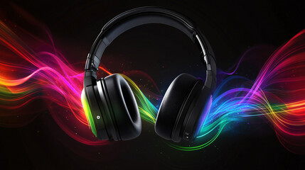Vibrant Sound Waves: Stylish Headphones Surrounded by Colorful Music Waves