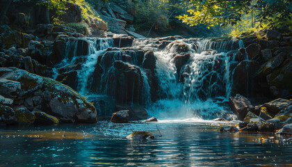 Scenic waterfall cascading over rocks into a serene pool surrounded by lush forest.