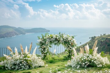 Obraz premium Wedding outdoor cliff beach theme aesthetic flower wreath ornament minimalist