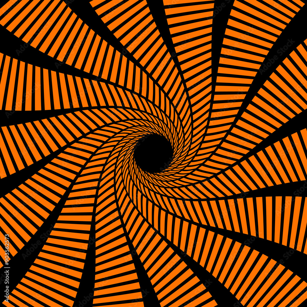 Poster Psychedelic Halloween spiral pattern featuring black and orange lines that twist and turn towards the center. Vector optical illusion background with swirled vortex creates a tunnel-like visual effect