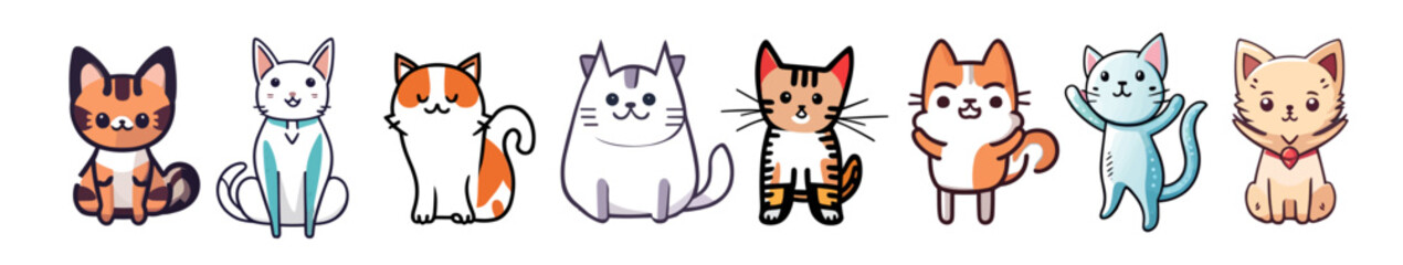 Set of cute cats in cartoon doodle style vector icons. Simple outline cats colorful illustrations. Cute and funny cats or kitten characters. Pet animals isolated on transparent background.