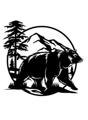 Bear Scene | Bear Hiking | Mountain Range | Wildlife | Wild Animal | Camping life | Bear | Forest | Original Illustration | Vector and Clipart | Cutfile and Stencil