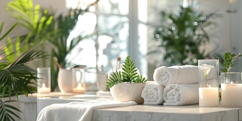 Obraz premium Luxurious Spa Retreat at Summer Resort Villa: Serene Wellness Oasis with White Towels, Aromatic Candles, and Lush Plants. Bright, Clean Ambiance Perfect for Relaxation and Rejuvenation during Vacation