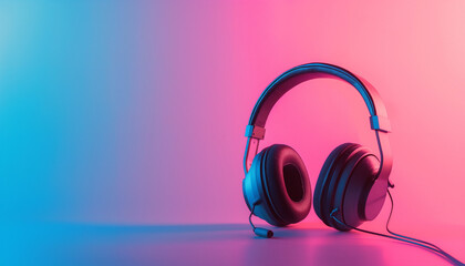 A pair of modern over-ear headphones with a built-in microphone, set against a vibrant pink and blue gradient background, giving a stylish and contemporary feel.