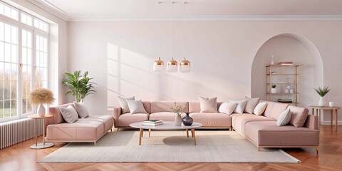 Large luxury modern bright interiors Living room mockup illustration 3D rendering image