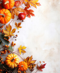 Fototapeta premium little autumn decoration border only reaching in a litte, with pumpkins and maple leaves only on the border of a big wide white background. AI generative.