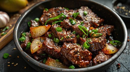 Close-up of Beef Stir-fry with Sesame Seeds and Green Onions in a Bowl