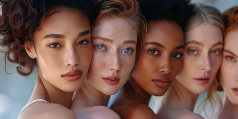 Fototapeta premium Portrait of five women with varied ethnicities in profile.