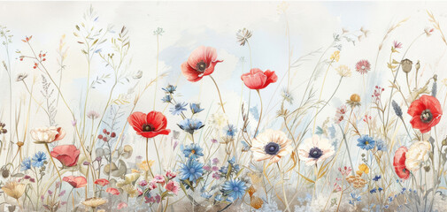 A vintage watercolor illustration of wildflowers. AI generative.