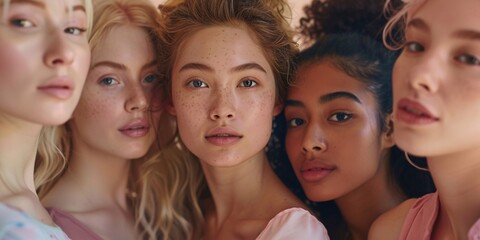 Fototapeta premium Portrait of five women with varied ethnicities in profile.
