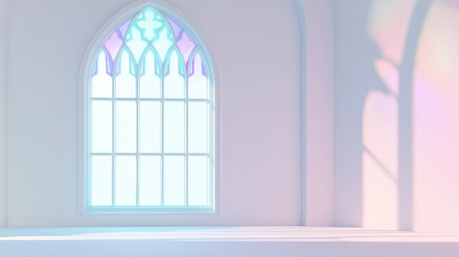 Gothic stained glass window soft pastel lighting elegant minimal church interior blank copy space banner spiritual reflection
