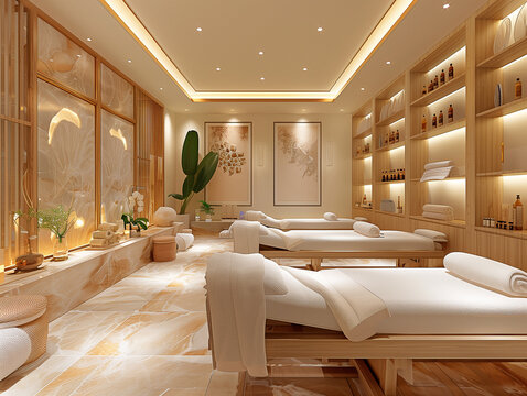 Modernes Spa Center. Massageraum mit mehreren Massageliegen.