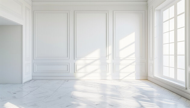 Bright, empty room with large windows letting in natural light, featuring white paneled walls and a light hardwood floor.