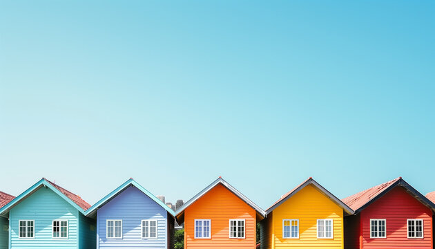 Vibrantly colored houses with red, yellow, blue, and orange exteriors stand in a row against a clear blue sky.