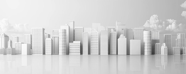 Monochrome 3D minimalist city block with residential towers, emphasizing urban housing demand, sales growth
