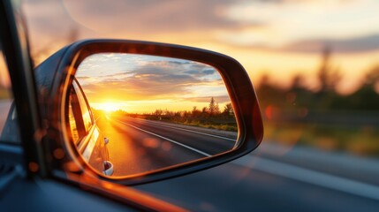 Detailed shot of a rearview mirror in a car, reflecting a vibrant sunset over an open road with warm hues of orange and pink. The driver, partially visible, is focused on the road ahead while