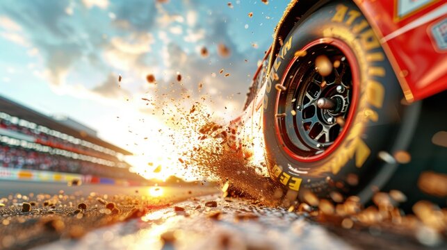 A close-up shot of a NASCAR race car is tires gripping the asphalt on a racing track, with the focus on the high tread pattern and the track is surface texture. The image captures the intense