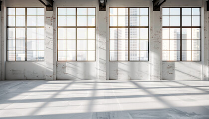 Bright and spacious industrial loft with large windows and concrete floors, featuring an urban cityscape view.