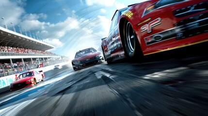 A panoramic view of a NASCAR racing event in full swing, showing multiple cars in a tight pack as they speed down the straight section of the asphalt track. The image highlights the dynamic motion of