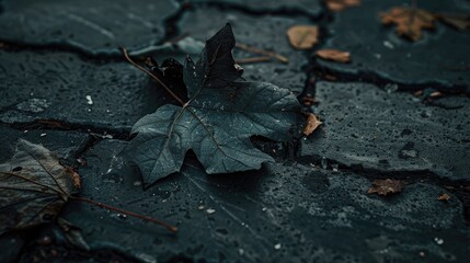 Close up image of dark leaf on pavement