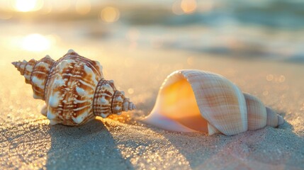 Close up of a lovely seashell on a sandy shoreline with text space