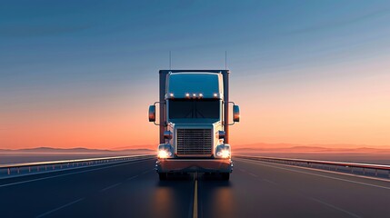 Autonomous semi-truck, tech-enhanced highway bridge, flat design illustration