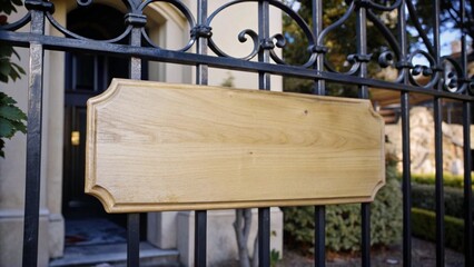 Blank wooden nameplate at the entrance to house. Nameplate outside of the wrought gate. Home decoration concept