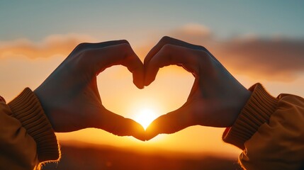 Close-up of hands forming a heart shape against a sunset background