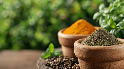 Close-up of spices and herbs in a rustic kitchen setting