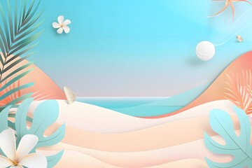 Fototapeta na wymiar Vibrant beach scene with pastel colors and tropical elements for summer vibes.