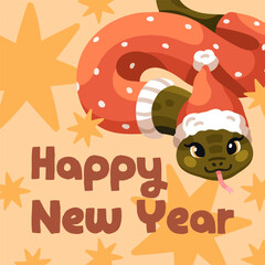 Happy Chinese New Year, square greeting card design. Cute funny snake character, Festive CNY postcard. 2025 animal symbol, China holiday post background. Kids flat cartoon vector illustration