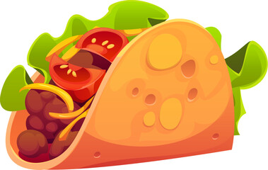 Cartoon tacos Mexican fast food snack. Isolated vector meal made of corn or wheat tortilla with grilled chicken meat and fresh vegetables like tomatoes and lettuce. Tex mex fastfood takeaway dish