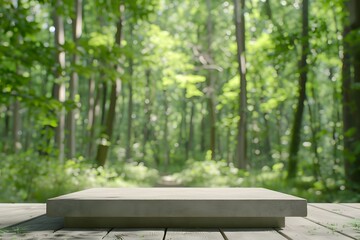 Serene wooden platform surrounded by lush green forest scenery.