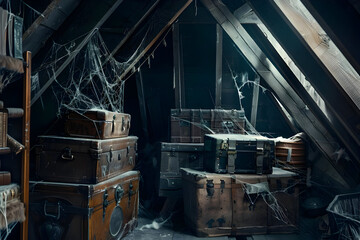 Dusty Attic with Cobwebs and Old Suitcases - Photo