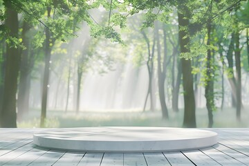 A serene outdoor space featuring a circular podium in a misty green forest.
