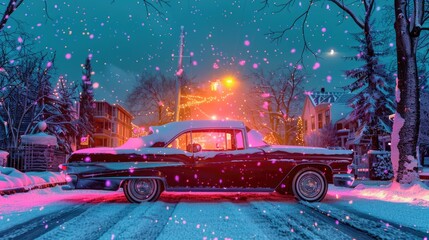 Classic car covered in snow parked on a street at night, with neon lights illuminating the scene. Snowflakes fall gently, creating a festive and nostalgic atmosphere.
