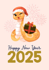 Happy Chinese New Year, greeting card design in cartoon kids style. Cute snake mascot, animal symbol for 2025. CNY poster, asian oriental postcard with funny comic viper. Flat vector illustration