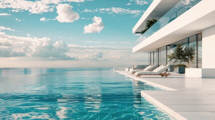 Fototapeta premium Modern luxury oceanfront villa and swimming pool, private housing, expensive real estate, Ai generated for ads