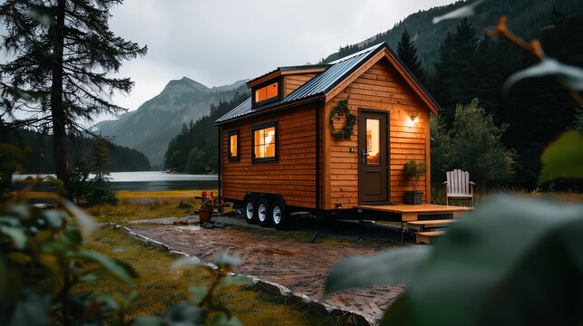 Tiny house on wheels parked in a scenic location
