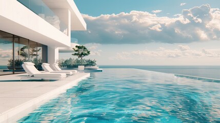 Modern luxury oceanfront villa and swimming pool, private housing, expensive real estate, Ai generated for ads